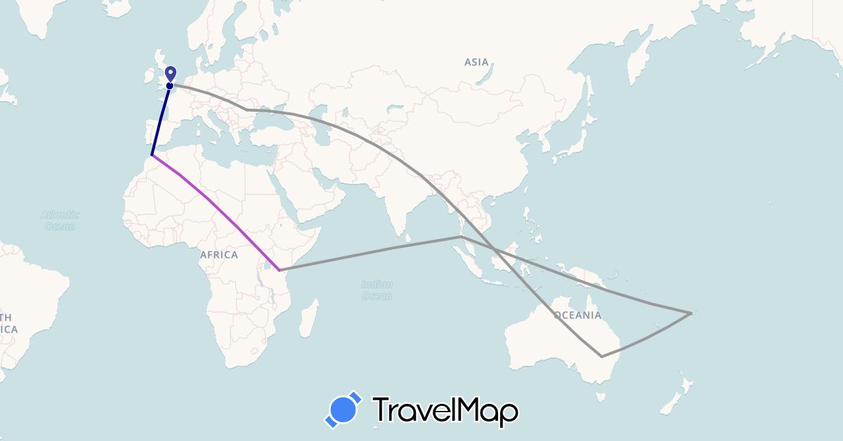 TravelMap itinerary: driving, plane, train in Australia, Fiji, United Kingdom, Morocco, Nepal, Romania, Thailand, Tanzania (Africa, Asia, Europe, Oceania)